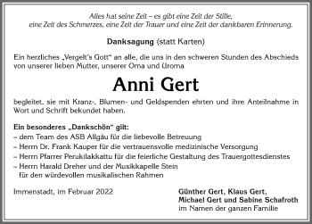Traueranzeige von Anni Gert von Allgäuer Anzeigeblatt