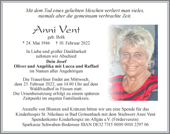 Traueranzeige von Anni Vent von Allgäuer Zeitung, Füssen
