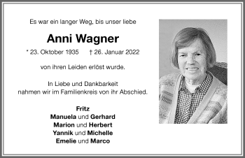 Traueranzeige von Anni Wagner von Memminger Zeitung