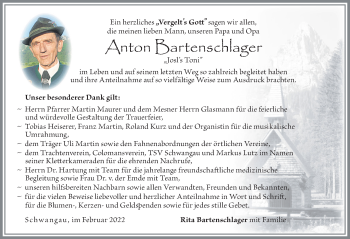 Traueranzeige von Anton Bartenschlager von Allgäuer Zeitung, Füssen