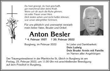 Traueranzeige von Anton Besler von Allgäuer Anzeigeblatt