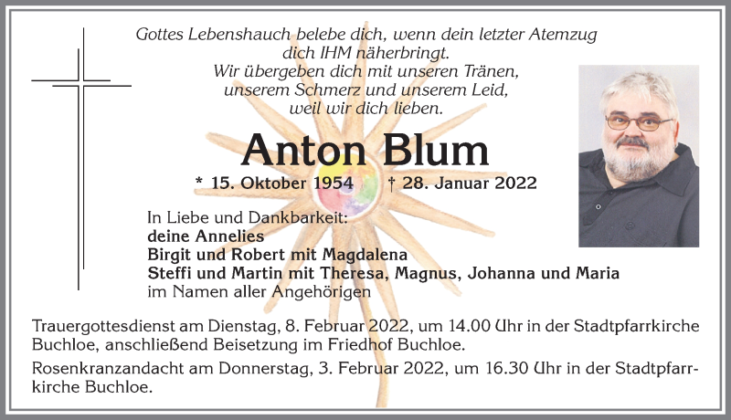  Traueranzeige für Anton Blum vom 01.02.2022 aus Allgäuer Zeitung, Kaufbeuren/Buchloe