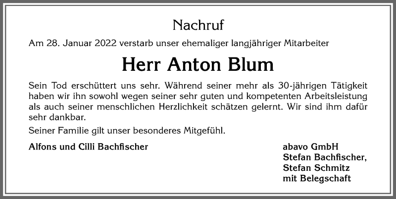  Traueranzeige für Anton Blum vom 04.02.2022 aus Allgäuer Zeitung, Kaufbeuren/Buchloe