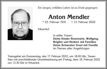 Traueranzeige von Anton Mendler von Allgäuer Zeitung,Kempten