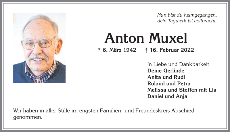  Traueranzeige für Anton Muxel vom 26.02.2022 aus Allgäuer Anzeigeblatt