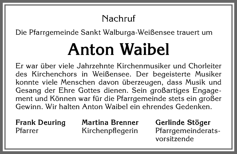  Traueranzeige für Anton Waibel vom 12.02.2022 aus Allgäuer Zeitung, Füssen