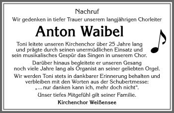 Traueranzeige von Anton Waibel von Allgäuer Zeitung, Füssen