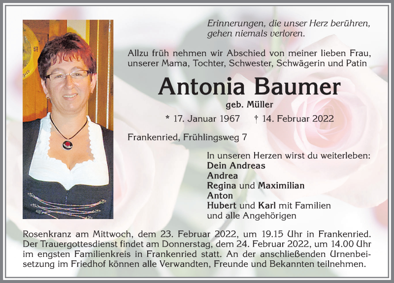  Traueranzeige für Antonia Baumer vom 19.02.2022 aus Allgäuer Zeitung, Kaufbeuren/Buchloe