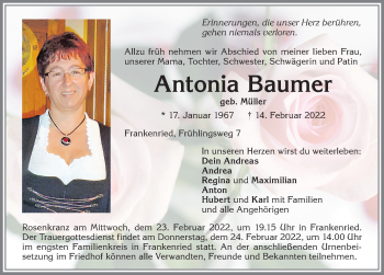 Traueranzeige von Antonia Baumer von Allgäuer Zeitung, Kaufbeuren/Buchloe