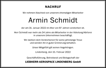 Traueranzeige von Armin Schmidt von Der Westallgäuer