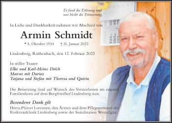 Traueranzeige von Armin Schmit von Der Westallgäuer