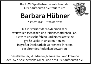 Traueranzeige von Barbara Hübner von Allgäuer Zeitung, Marktoberdorf
