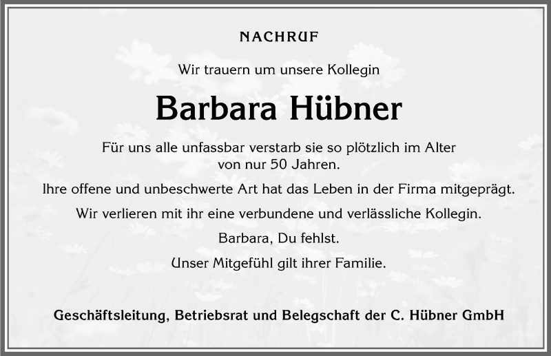  Traueranzeige für Barbara Hübner vom 05.02.2022 aus Allgäuer Zeitung, Kaufbeuren/Buchloe