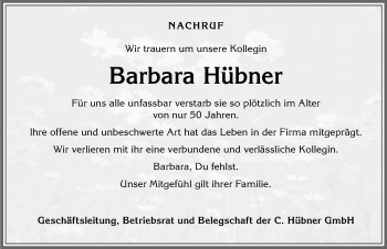Traueranzeige von Barbara Hübner von Allgäuer Zeitung, Kaufbeuren/Buchloe
