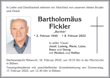 Traueranzeige von Bartholomäus Fickler von Memminger Zeitung