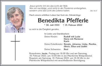 Traueranzeige von Benedikta Pfefferle von Allgäuer Zeitung,Kempten