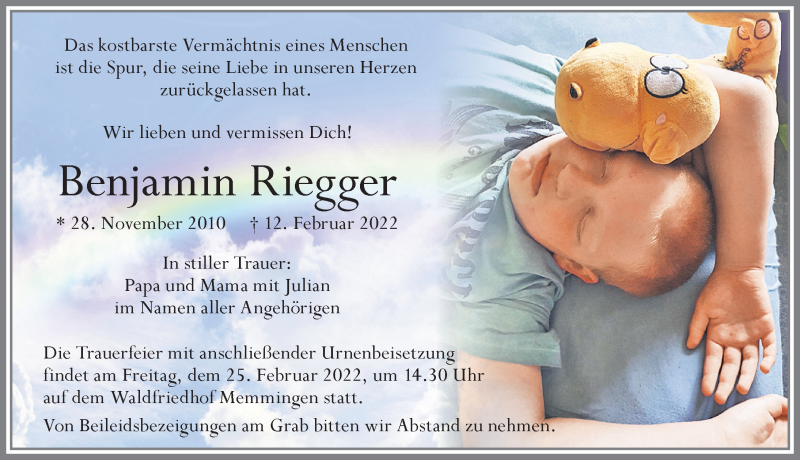  Traueranzeige für Benjamin Riegger vom 23.02.2022 aus Memminger Zeitung