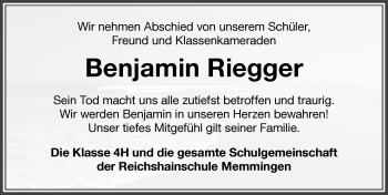 Traueranzeige von Benjamin Riegger von Memminger Zeitung