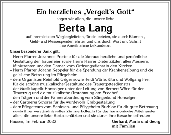 Traueranzeige von Berta Lang von Allgäuer Zeitung, Kaufbeuren/Buchloe