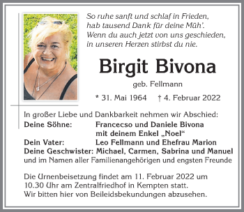 Traueranzeige von Birgit Bivona von Allgäuer Zeitung,Kempten