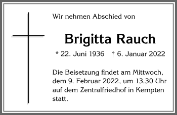 Traueranzeige von Brigitta Rauch von Allgäuer Zeitung,Kempten