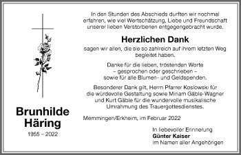 Traueranzeige von Brunhilde Häring von Memminger Zeitung