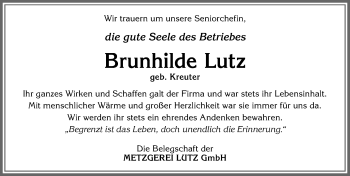 Traueranzeige von Brunhilde Lutz von Allgäuer Zeitung, Marktoberdorf