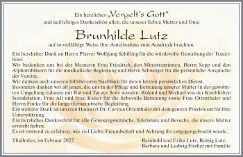 Traueranzeige von Brunhilde Lutz von Allgäuer Zeitung, Marktoberdorf