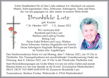 Traueranzeige von Brunhilde Lutz von Allgäuer Zeitung, Marktoberdorf
