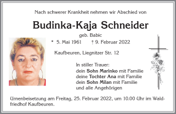 Traueranzeige von Budinka-Kaja Schneider von Allgäuer Zeitung, Kaufbeuren/Buchloe