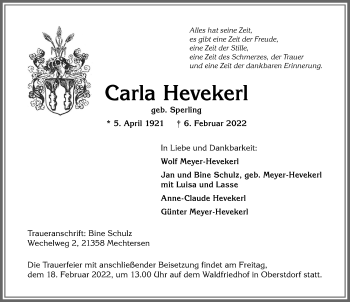 Traueranzeige von Carla Hevekerl von Allgäuer Anzeigeblatt