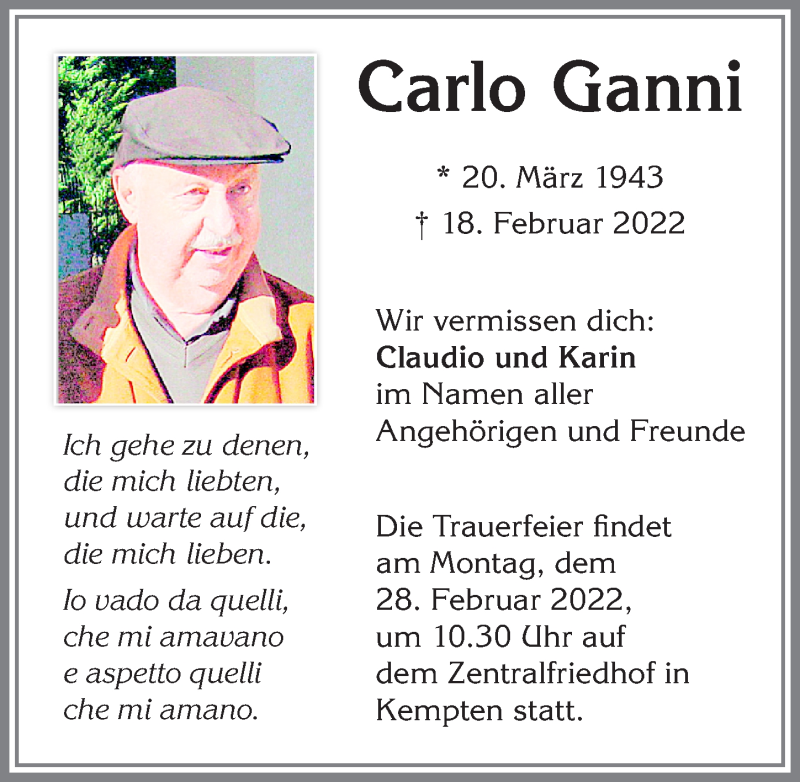  Traueranzeige für Carlo Ganni vom 24.02.2022 aus Allgäuer Zeitung,Kempten