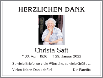 Traueranzeige von Christa Saft von Allgäuer Zeitung,Kempten