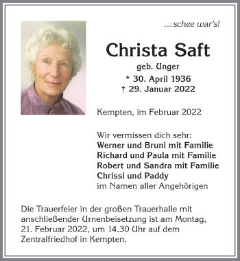 Traueranzeige von Christa Saft von Allgäuer Zeitung,Kempten
