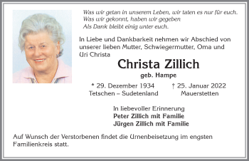 Traueranzeige von Christa Zillich von Allgäuer Zeitung, Kaufbeuren/Buchloe