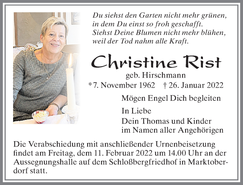  Traueranzeige für Christine Rist vom 08.02.2022 aus Allgäuer Zeitung,Kempten