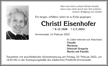 Traueranzeige von Christl Eisenhofer von Allgäuer Anzeigeblatt