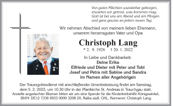 Traueranzeige von Christoph Lang von Allgäuer Zeitung, Füssen