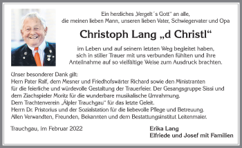 Traueranzeige von Christoph Lang von Allgäuer Zeitung, Füssen