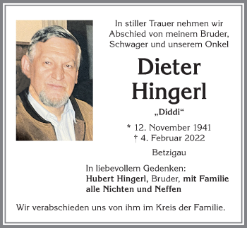 Traueranzeige von Dieter Hingerl von Allgäuer Zeitung,Kempten