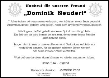 Traueranzeige von Dominik Neudert von Der Westallgäuer