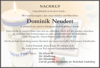 Traueranzeige von Dominik Neudert von Der Westallgäuer