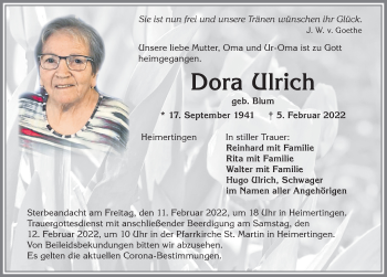 Traueranzeige von Dora Ulrich von Memminger Zeitung