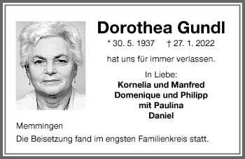 Traueranzeige von Dorothea Gundl von Memminger Zeitung
