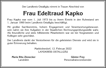 Traueranzeige von Edeltraud Kapko von Allgäuer Zeitung, Kaufbeuren/Buchloe