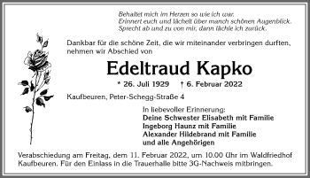 Traueranzeige von Edeltraud Kapko von Allgäuer Zeitung, Kaufbeuren/Buchloe