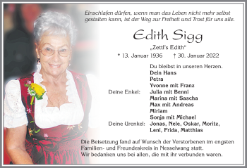 Traueranzeige von Edith Sigg von Allgäuer Zeitung, Füssen