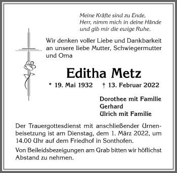 Traueranzeige von Editha Metz von Allgäuer Anzeigeblatt