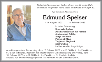 Traueranzeige von Edmund Speiser von Allgäuer Anzeigeblatt
