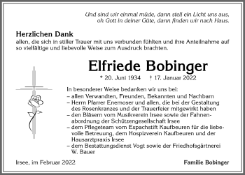 Traueranzeige von Elfriede Bobinger von Allgäuer Zeitung, Kaufbeuren/Buchloe